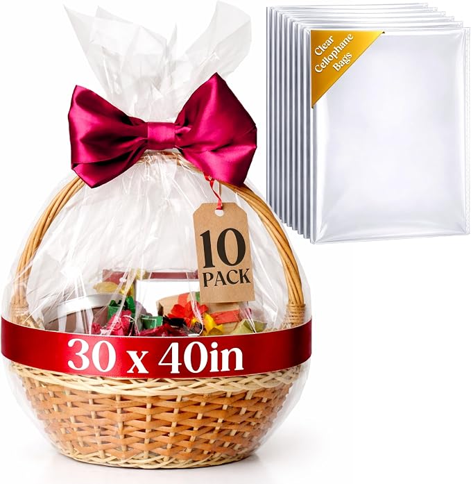 volila Large Cellophane Bags for Gift Baskets - 10 Pack (30 in x 40 in) Clear Gift Wrap for Gift Baskets, Floristry, Party Favors and Food Packaging