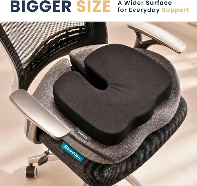 SitCushion Extra Large Memory Foam Seat Cushions for Office Chairs, Pressure Relief Seat Cushion for Tailbone Pain Relief, Sciatica & Back Pain, Ergonomic Office Chair Cushion for Long Sitting (Black)
