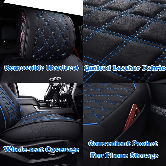 Aierxuan Front Car Seat Covers Custom Fit 2009-2026 Ford F150, 2017-2026 F250 F350 F450 Super Duty Crew Cab Regular Cab Super Cab, Automotive Vehicle Cushion with Waterproof Leather (Black and Blue)