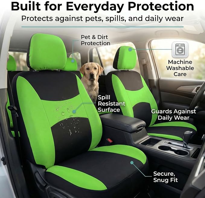 FH Group Universal Automotive Seat Covers 8 Seater Set | Light & Breezy Flat Cloth Washable Car Seat Cover for SUV, Sedan, Truck | Airbag Compatible Interior Upgrade - Green/Black