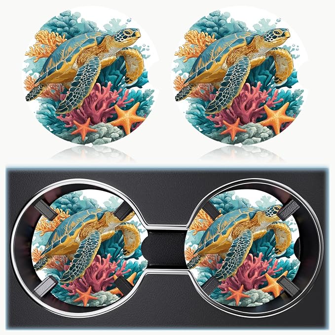 Car Cup Holder Coaster Set of 2, 2.56 in Ceramic Coasters, Scratch-Resistant Cork Backing, Finger Groove Design for Easy Placement, Cute Car Accessories Interior for Women (Blue Turtle)