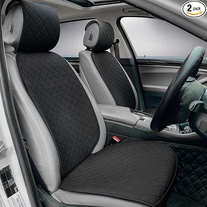 BOPUOVRE Linen Car Seat Covers Front Seat Covers Breathable Cloth Fabric Car Seat Protector - Universal Fit for Cars, Vans, SUVs, Trucks - 2 Units - Black