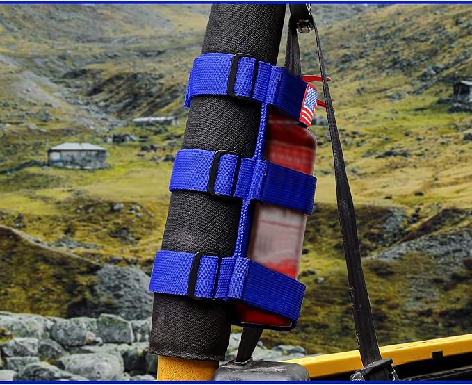 Voodonala Adjustable Roll Bar Fire Extinguisher Mount Holder 3 lb for Jeep Wrangler Unlimited CJ YJ LJ TJ JK JKU JL JLU 4XE,Blue with USA Flag Pattern
