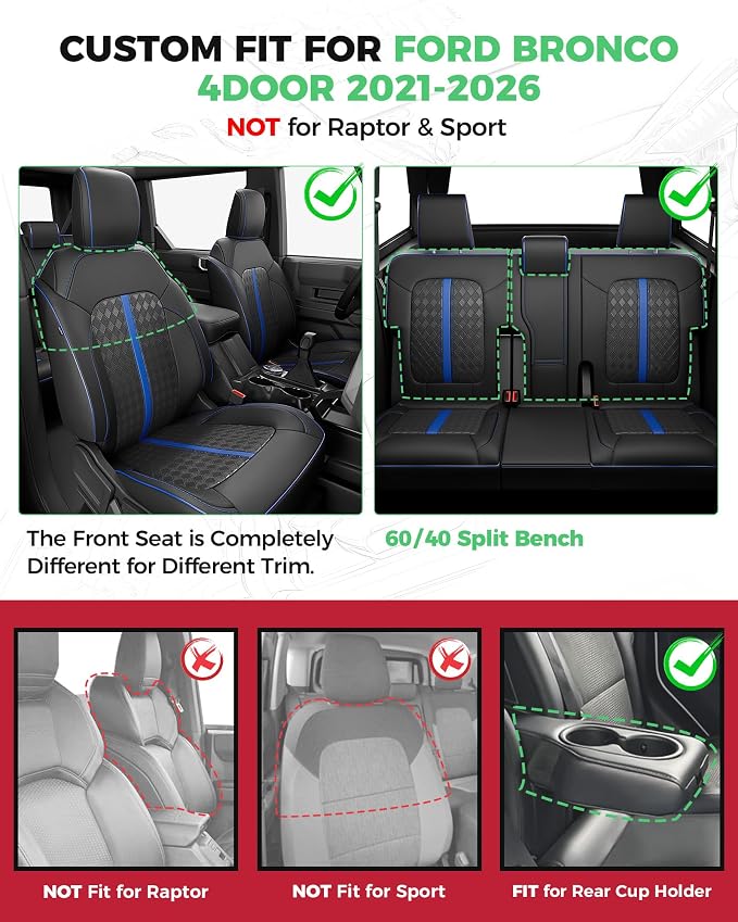 Custom Fit Leather Seat Covers for 2021-2026 Ford Bronco 4 Door | OEM fit, premium waterproof leather, full coverage, anti-slip, storage pockets, long-term durability, airbag compatible