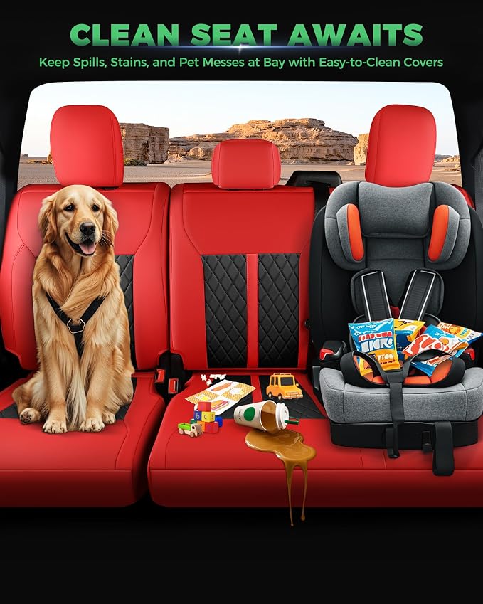 for Ford F150 Leather Seat Covers, SuperCrew XL XLT 2021-2026, F250 F350 F450 Super Duty Crew Cab 2023-2026, Custom Truck Seat Cover Full Set, Pickup Accessories, Red Black (Bucket Seat)