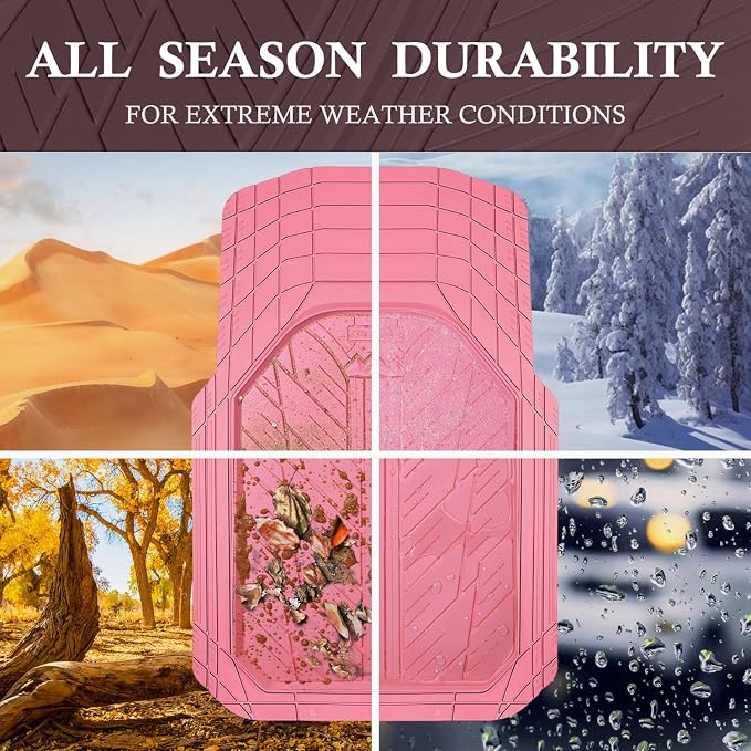 CAR PASS Floor Mats for Cars M-L Size, Heavy Duty Rubber Floor Mats with Trunk Cargo Liner, Universal Trim-to Fit Automotive Floor mats for Truck Van SUV Waterproof All Weather Car Mats All Pink