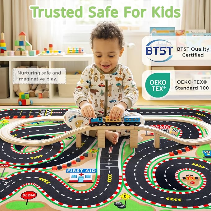 Kids Rug, 6x9 Ft Race Track Car Rug for Kids | Extra Thick 0.4in Soft Non-Slip Racing Car Carpet Play Rug with 3D Track Design for Toy Cars, Playroom, Bedroom &Nursery