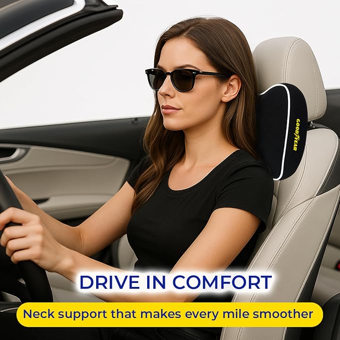 Goodyear Car Neck Pillow, Soft Memory Foam Headrest Pillow for Driving, Ergonomic Car Seat Headrest Cushion with Adjustable Strap, Breathable & Removable Cover, Neck Pain Relief, Black