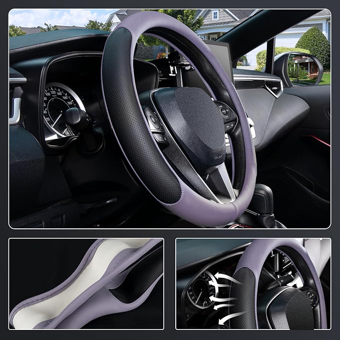 SEG Direct Steering Wheel Cover for 14.5-15 inch Wheels, Breathable PU Leather with Perforated Sides, Anti-Slip Grip, Universal Fit for Cars & SUVs, Black and Light Purple