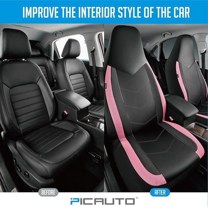 PIC AUTO Leather Car Seat Covers, Sports Carbon Fiber & Mesh Design, High-Back Two Front Set, Waterproof Automotive Seat Covers, Airbag Compatible, Universal Fit for Most Cars (Black & Pink)