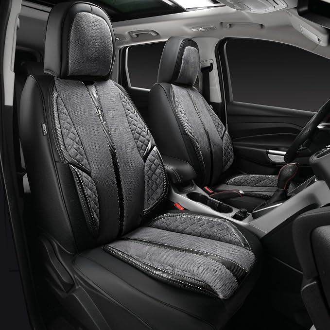 CAR PASS Suede Leather Seat Covers Full Set Soft Protector Durable Cushioned Warm in Winter Breath in Summer,Universal Sport Car Seat Cover Fit for Sedan SUV Pick-up Truck,Anti-Slip and Backseat(Grey)