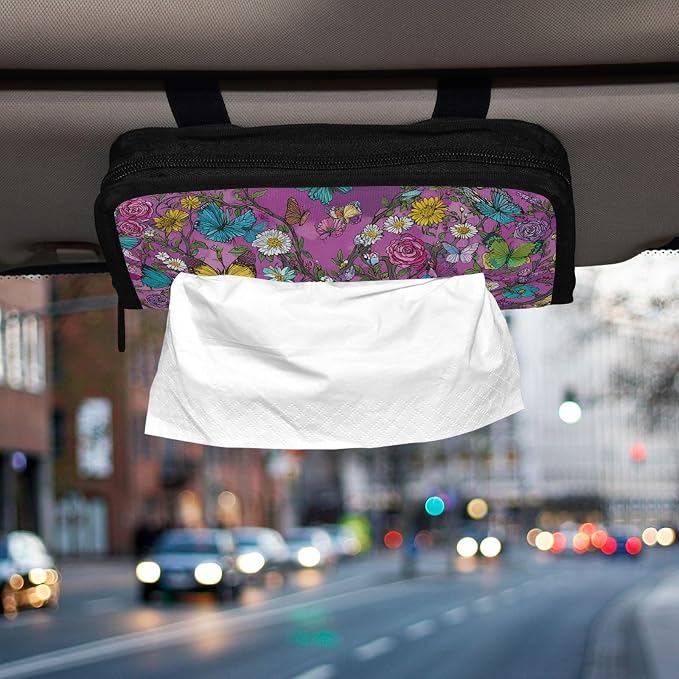 Car Visor Tissue Holder Mask Holder for Car, Car Tissue Box Sun Visor Napkin Holder Car Visor Accessories Adjustable Straps Reusable Durable Easy to Install Rose Flowers Butterfly Trees Purpl