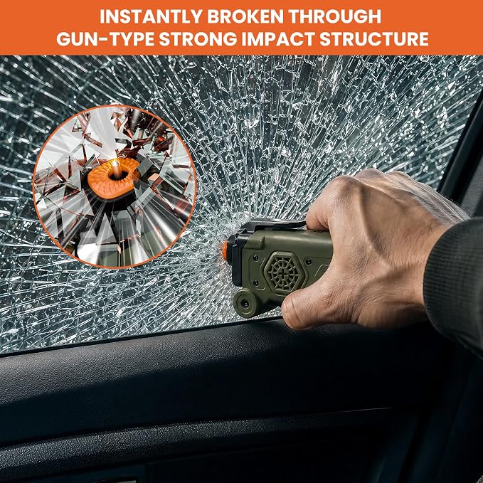 8-in-1 Car Emergency Escape Tool with Spring-Loaded Window Breaker | Seat Belt Cutter, Magnetic Work Light, Emergency Flashlight & Power Bank for Roadside Emergencies, Camping & Daily Driving