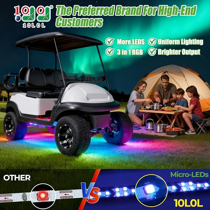 10L0L 4PCS Golf Cart Underbody Light Kit, Underglow LED Strip for EZGO Club Car Yamaha, 24 Modes Multicolor RGB Music Sync Waterproof, Canopy Lights Optional (4 Pack(Underbody-Fishbone))