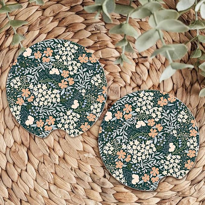 Ceramic Car Coasters – Absorbent Car Cup Holder Coaster Set for Women, Cute Aesthetic Car Accessories for Girls, 2 Pack (sage)