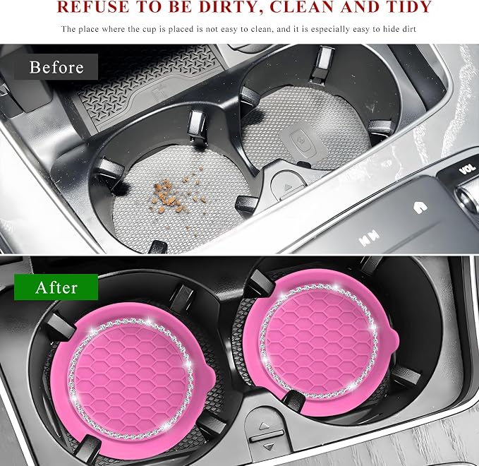 Sun Walker 4 PCS Bling Car Cup Holder Coaster, Non Slip Sparkly Rhinestone Cup Holder Pad Insert Coaster, Shockproof Silicone Shiny Embedded Drink Mat Interior Decor for Most Vehicles (Pink)