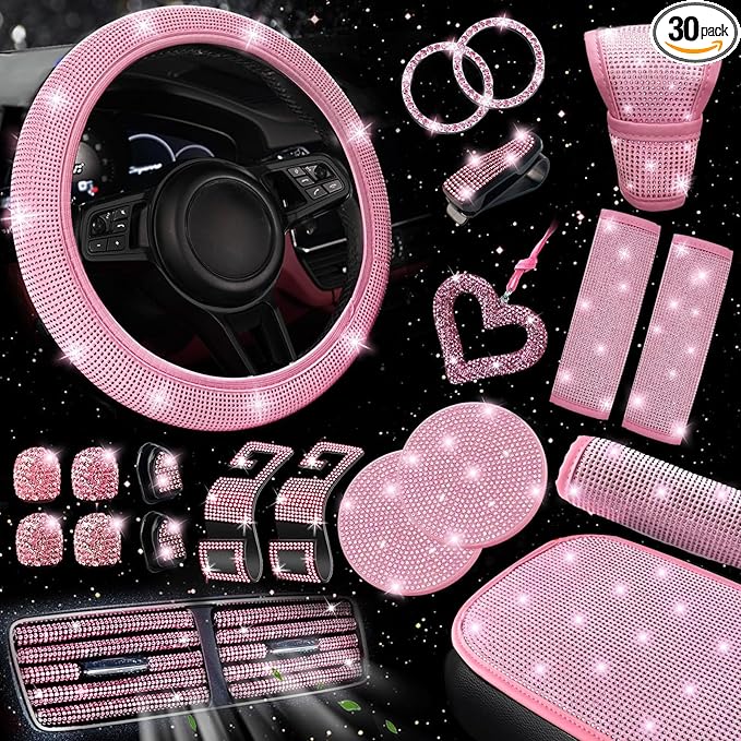 NBTEPEM 30 Pcs Pink Bling Car Accessories Set for Women, Pink Steering Wheel Cover Set, Bling Console Cover, Seat Belt Cushion, Shift Knob Cushion, Cup Coaster, Rhinestone Car Hanging Accessories