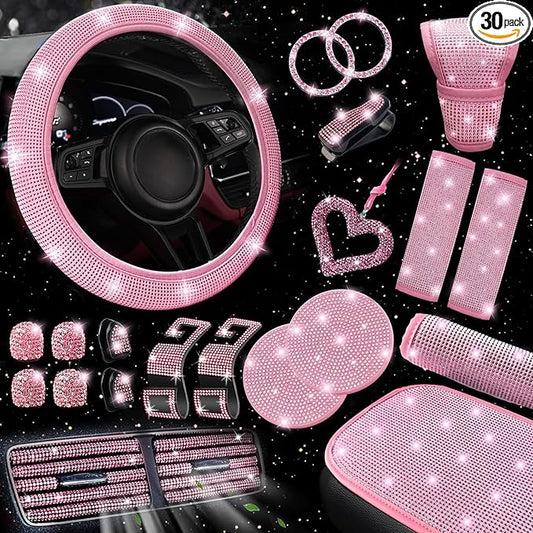 NBTEPEM 30 Pcs Pink Bling Car Accessories Set for Women, Pink Steering Wheel Cover Set, Bling Console Cover, Seat Belt Cushion, Shift Knob Cushion, Cup Coaster, Rhinestone Car Hanging Accessories