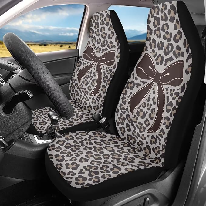 Bow Front Car Seat Cover Set of 2 Leopard Print Car Seat Covers for Front Seats Auto Interior Accessories Anti-Slip Back Fabric for Cars Sedans and SUVs