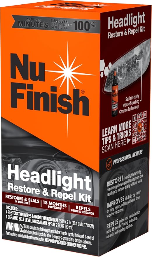 Nu Finish Headlight Restore and Repel – 2-Step Car Headlight Restoration Kit with 4 Restorer Wipes and Ceramic Sealant Spray, Head Light Restoring Kit