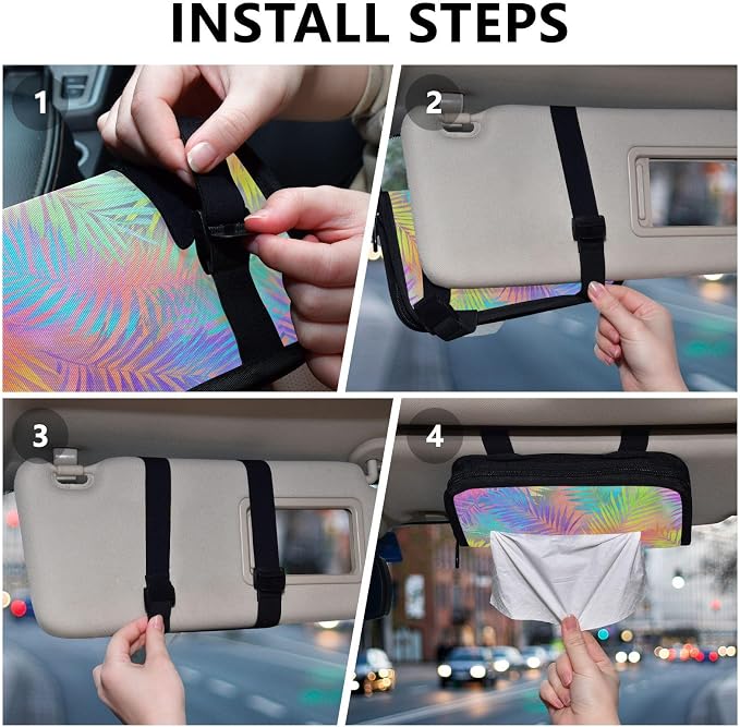 Car Tissue Holder Car Napkin Holder Tissue Box Dispenser Storage Case Sun Visor Mask Holder Accessories with Adjustable Straps Reusable Refillable Rainbow Palm Leaf Vibrant Tropical