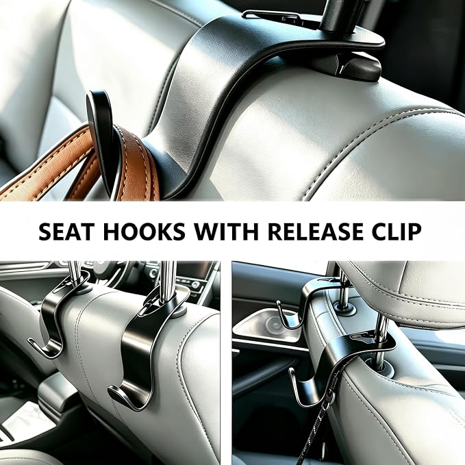 EldHus Car Seat Hooks 4 Pack, Headrest Hooks for Purses Groceries Bags with Metal Lock, Car Purse Holder Seat Back Storage Hooks