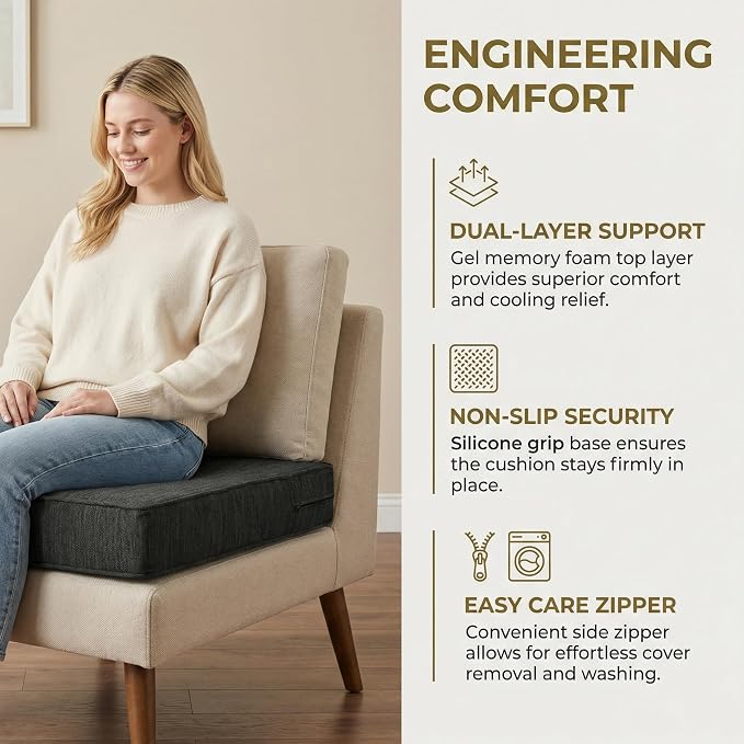 baibu Dual-Layer Gel Memory Foam Recliner Cushions for Elderly, 18x18x4 Inch Thick Non-Slip Recliner Seat Cushion Suitable for Couches, Armchair, Wheelchair, Black,1PC