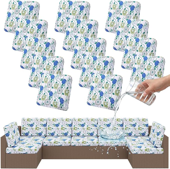 Smiry Waterproof Patio Cushion Covers, Stretch Outdoor Couch Slipcovers Replacement Washable Furniture Protector Sofa Chair Seat Cover for Dogs and Pets (14 Pcs, Light Green)