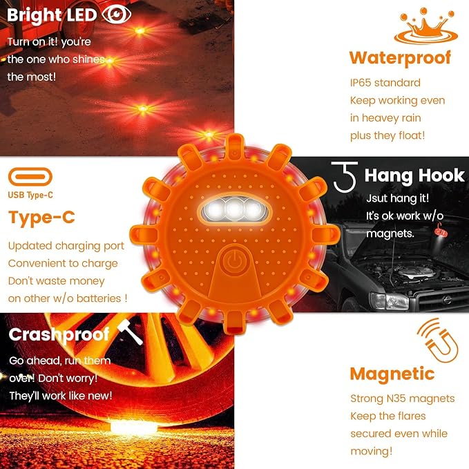 Ecoangel USB-C Rechargeable LED Road Flares Emergency Lights 3 in 1 Cable Roadside Warning Car Safety Beacon Flashing Disc Flare Kit with Magnetic Base for Vehicles