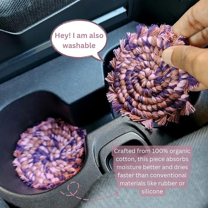 Cotton Car Coasters 2pc Car Cup Coasters Cute car Accessories for Women car Coaster for Cup Holders (Very Berry)