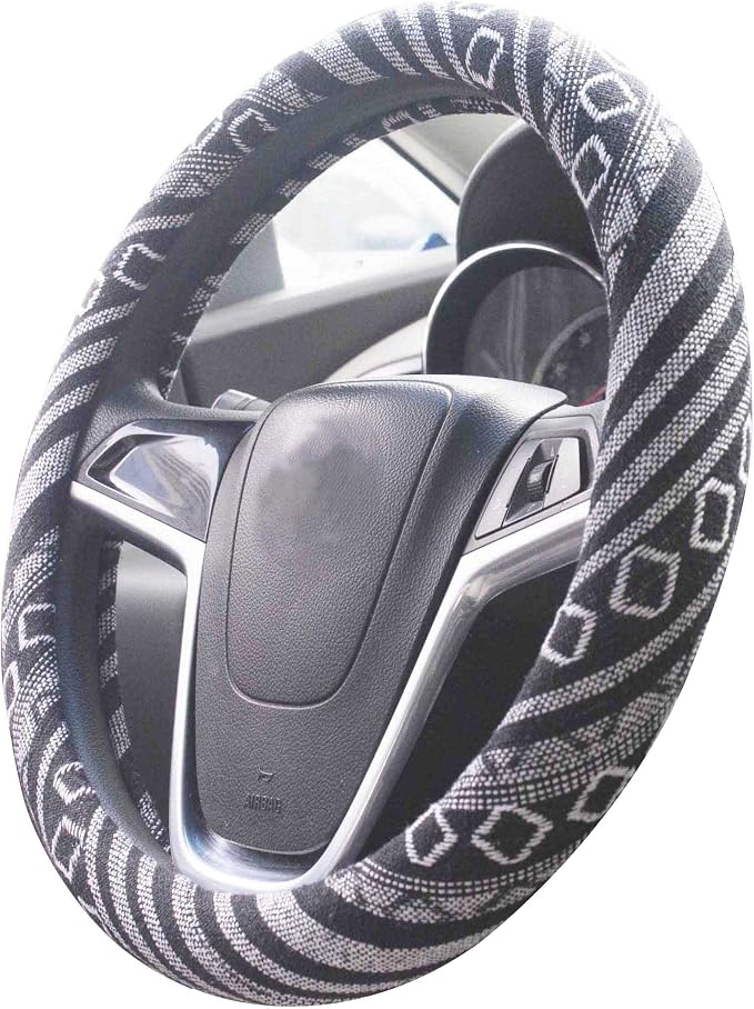 Medium Ethnic Style Coarse Flax Cloth Automotive Steering Wheel Cover Anti Slip and Sweat Absorption Auto Car Wrap Cover (14.5''-15'',G)