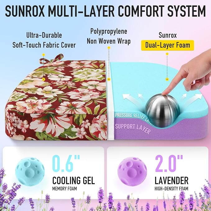 SUNROX Cooling Gel Memory Foam Chair Cushions, 2.6" Thick U-Shaped Dual-Layer Comfort Dining Chair Pads, Non Slip Seat Cushion with Ties for Indoor Kitchen Office 17"x16" Set of 4, Red Magnolia