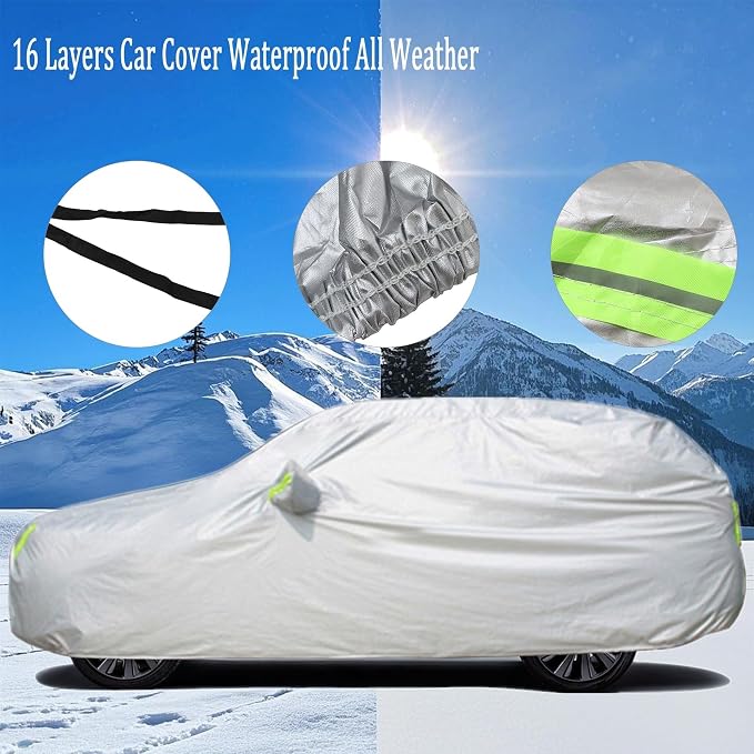 16-Layer Waterproof All-Weather SUV Car Cover Heavy Duty Full Exterior Protection Universally Fit fit Ford Explorer Toyota Highlander Kia Telluride Palisade Pilot Dodge Durango GMC Acadia etc
