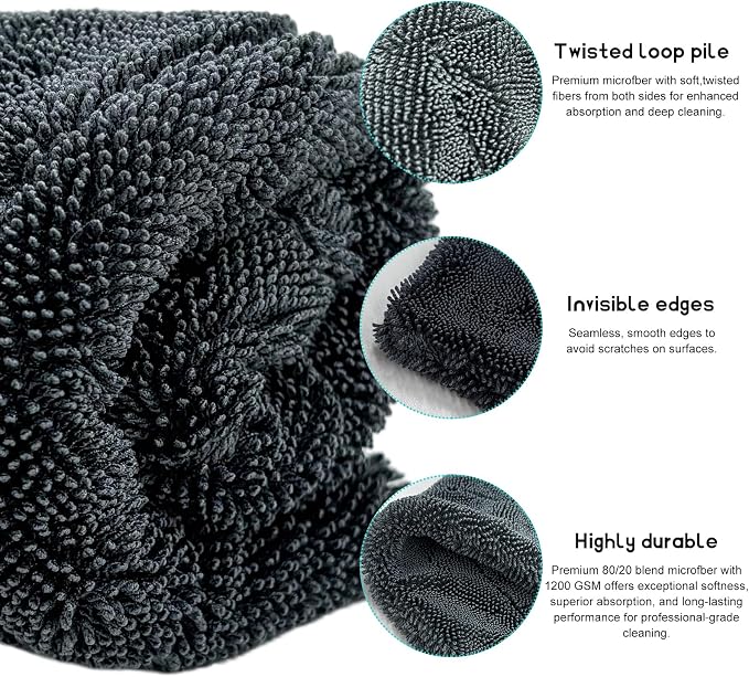 Microfiber Towels for Cars, 19.7"x23.6" 1200 GSM Ultra Thick Soft Car Detailing Drying Towel, Super Absorbent Double Twisted Loop Cloth Cleaning Towel for Car Truck SUV