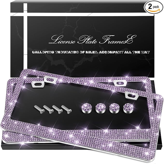 QUANQIUFEI 2 Pack Bling License Plate Frames, Sparkly Rhinestone Diamond Car License Plate Cover for Women, Stainless Steel Car Accessories with Glitter Crystal Caps (Tanzanite)