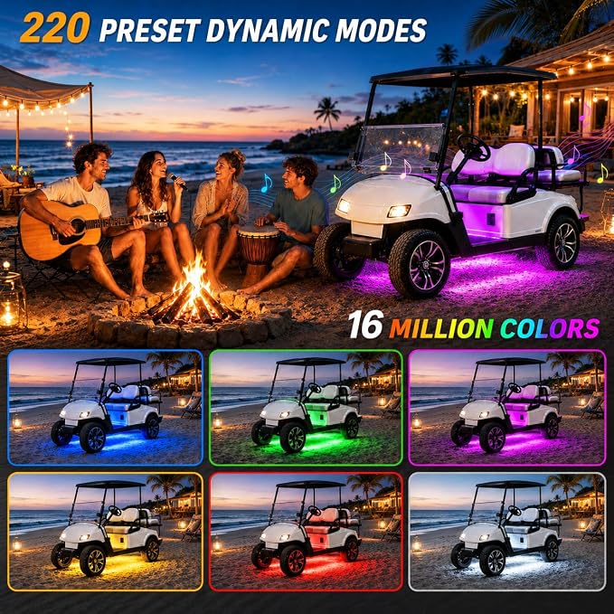 Roykaw Golf Cart Underglow LED Strip Lights Accent Neon Lighting Kit for EZGO Yamaha Club Car, Million Colors/Waterproof IP68/Sync to Music, 12V - 80V Input (No Need Extra Voltage Reducer)