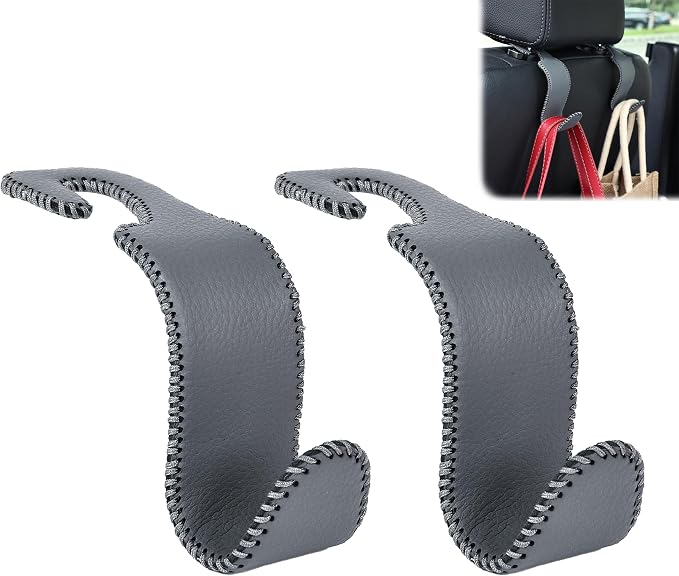 Amooca Car Seat Headrest Hook Universal Vehicle Storage Hanger Leather with Metal Car Seat Back Organizer for Handbag Purse Coat Grey 2 Pack