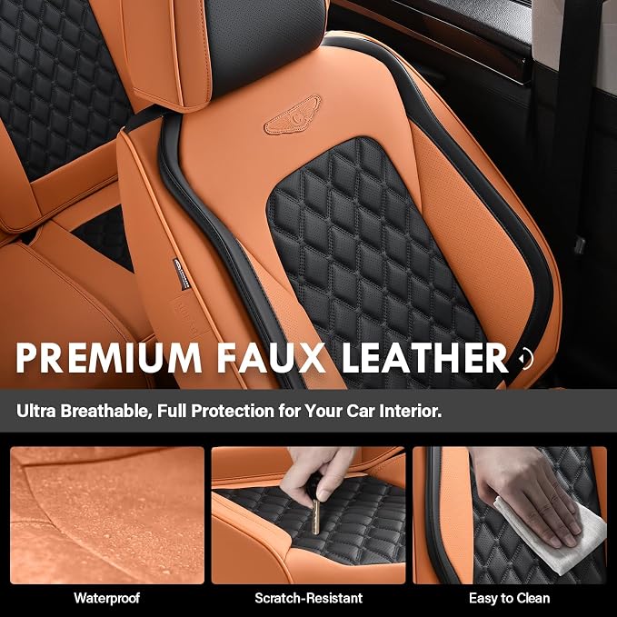 Coverado Car Seat Covers Front Seats, Vintage-Style Soft Waterproof Faux Leather Full Set with Rear Protectors, Comfortable Anti-Stain Interior for Most Vehicles – BrownBlack
