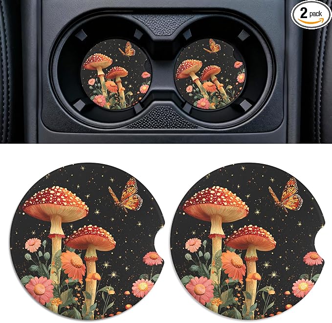 2 Pack Ceramic Car Coasters for Cup Holder, 2.56 in Anti Slip Absorbent Coaster with Cork Base and Finger Notch, Funny Cute Car Accessories for Women, Mushrooms