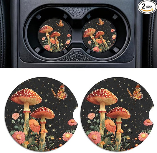 2 Pack Ceramic Car Coasters for Cup Holder, 2.56 in Anti Slip Absorbent Coaster with Cork Base and Finger Notch, Funny Cute Car Accessories for Women, Mushrooms