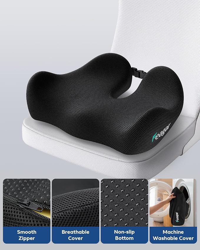Feagar Seat Cushion for Office Chair - Memory Foam Tailbone Cushion for Desk Chair, Car Seat and Wheelchair - Ergonomic Chair Pad for Hip and Lower Back Comfort - Washable Mesh Cover