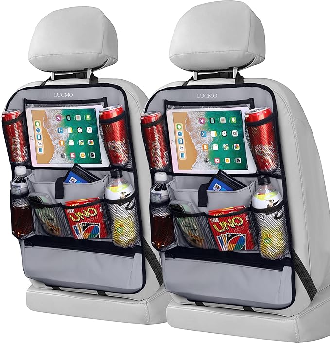 LUCMO Car Backseat Organizer with Touch Screen Tablet Holder, Grey | 2 Pcs,9 Storage Pockets,Clear Tablet Holder,Protectors Kick Mats,Travel Accessories,Seat Cover,Road Trip Essentials