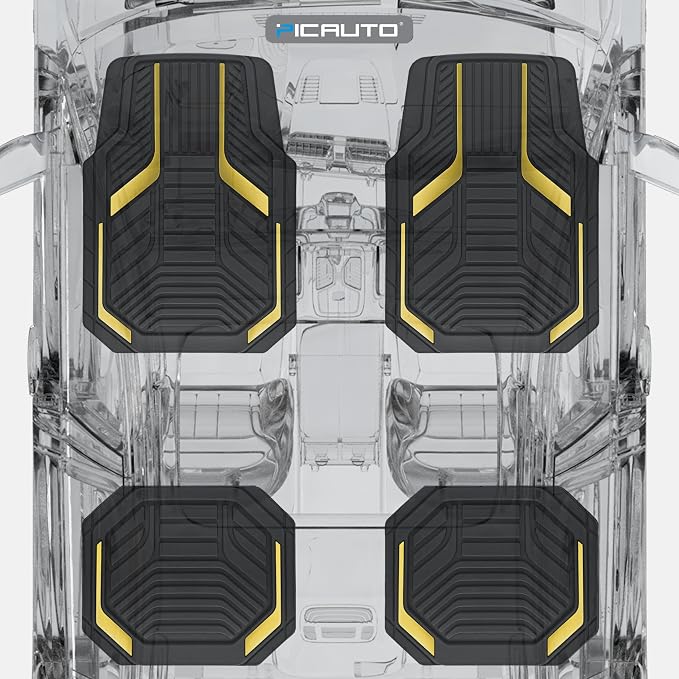 PIC AUTO Heavy Duty Rubber Floor Mats, Yellow Aluminum Film Car Mats Set, Front and Rear Car Mats with Anti-Slip Backing, All Weather Protection, Trim-to-Fit for Automotive SUV, Sedan, Van