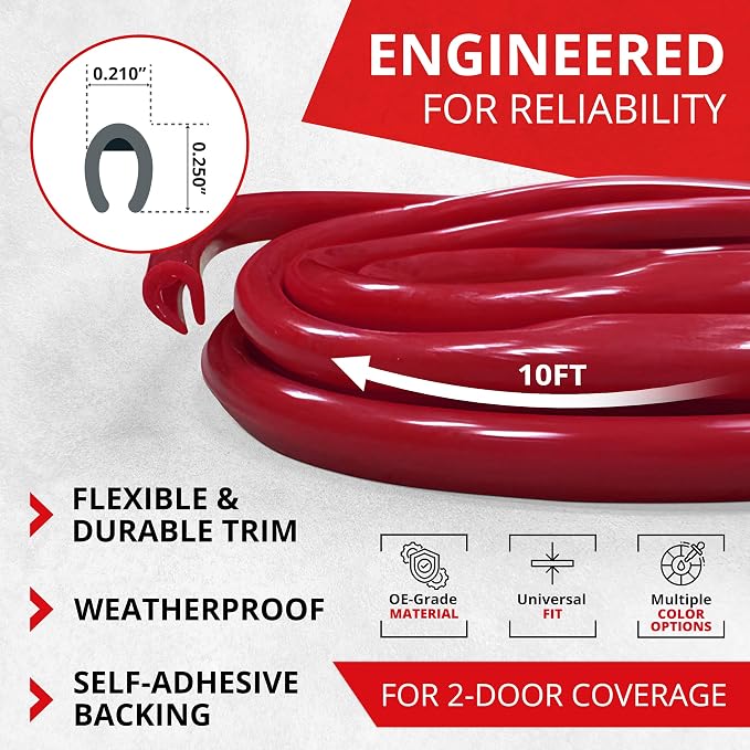 All-Fit Automotive Car Door Edge Protector – Universal DIY Edge Trim to Prevent Scratches & Dings – Flexible Adhesive Molding Trim for Cars, Trucks & SUVs (10 Ft - Red)