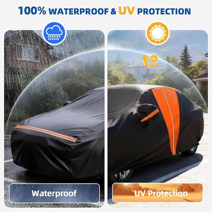 10-Layer Car Cover Waterproof All Weather, Soft Cotton Lining Full Exterior Car Cover for Automobiles with Door Zipper, All-Round Reflective Strip Design, Universal Fit for Sedan 194"-208" L