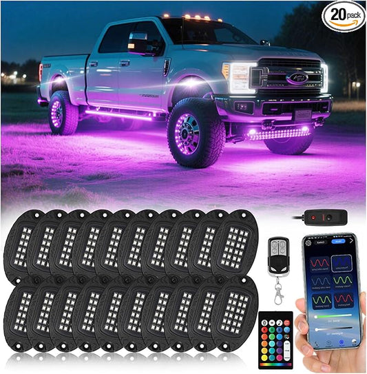20 Pods Segmented Alloy RGB LED Rock Lights for Semi Trucks Trailer Pickup Offroad Boat RV, Waterproof Shockproof Metal Underglow Kit with APP/RF Control Sync Music Multicolor Underbody Fender Light
