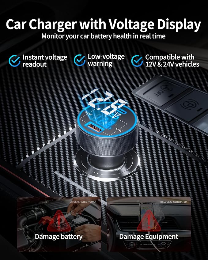 2 Pack 130W 3-Port USB C Super Fast Car Charger (with Voltage Display) for Samsung Galaxy S26/S25/S24/S23/S22 Ultra/Z Fold, Android Phone, Type C Car Charger Adapter Accessories + 240W 3FT USB C Cable