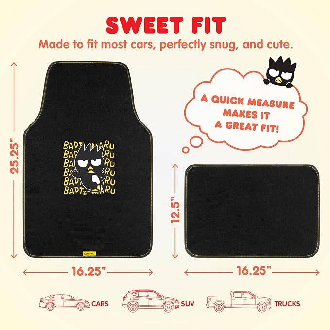 Badtz-Maru Carpet Car Floor Mats - Universal Fit for Cars, SUVs & Trucks - Black Hello Kitty Print Bad Badtz-Maru Accessories - Front & Rear Set, 4 Piece Cute Car Accessories