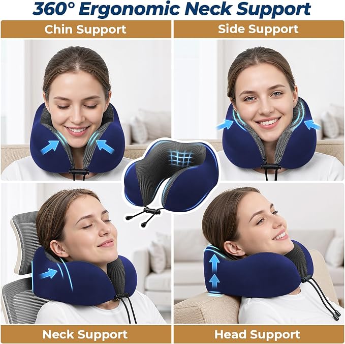 ExploreBliss Travel Pillow, Travel Pillows for Sleeping Airplane, Neck Pillow Airplane, Memory Foam Neck Pillow Set with Eye Mask, Earplugs and Storage Bag -Blue