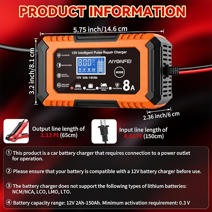 12V Battery Charger 8-Amp Smart Trickle Charger, Orange | Battery Maintainer and Desulfator, Temperature Compensation, for Car, Truck, SUV, Motorcycle, Boat, Lead Acid, LiFePO4